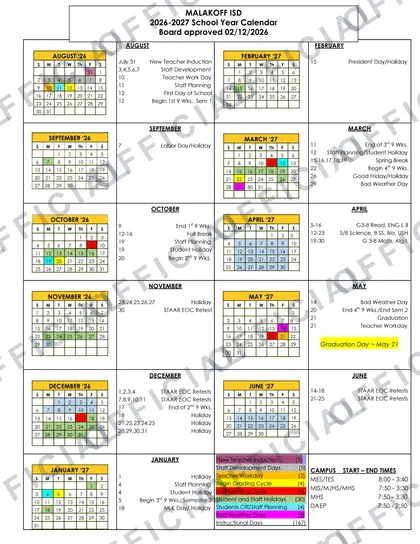 Malakoff ISD 2026-27 calendar
