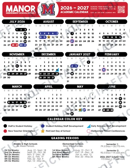 Manor Independent School District ISD 2026-27 calendar
