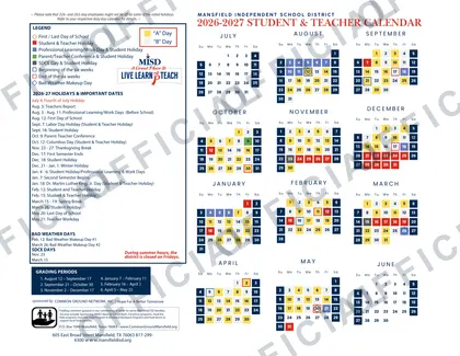 Mansfield Independent School District 2026-27 calendar