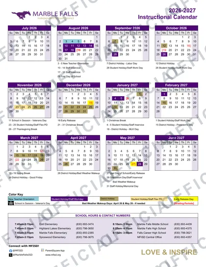 Marble Falls ISD 2026-27 calendar