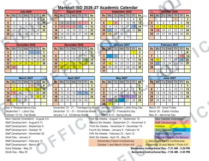 Marshall ISD 2026-27 calendar