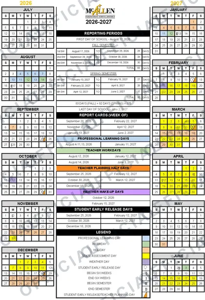 McAllen Independent School District ISD 2026-27 calendar