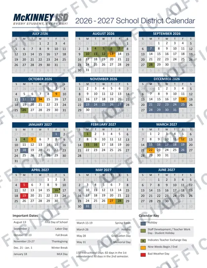 McKINNEY ISD Schools 2026-27 calendar