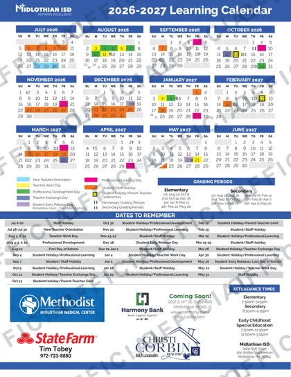 Midlothian ISD 2026-27 calendar