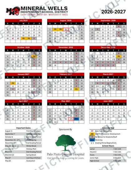 Mwisd Mineral Wells Independent School District 2026-27 calendar