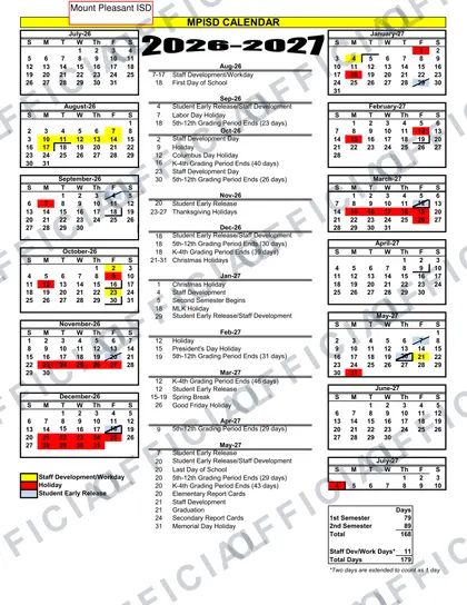 Mount Pleasant ISD 2026-27 calendar