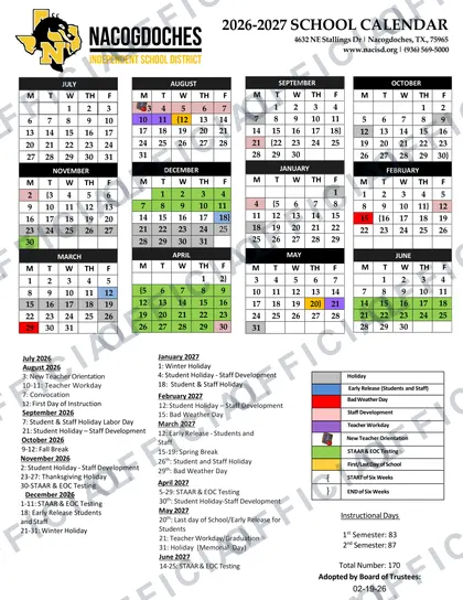 Nacogdoches Independent School District ISD 2026-27 calendar