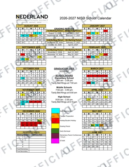 Nederland Independent School District 2026-27 calendar