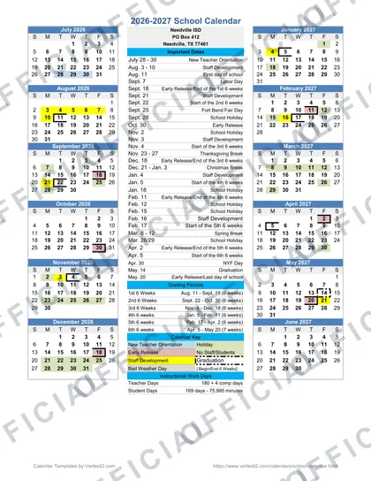 Needville ISD 2026-27 calendar