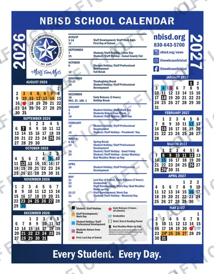 New Braunfels Independent School District 2026-27 calendar