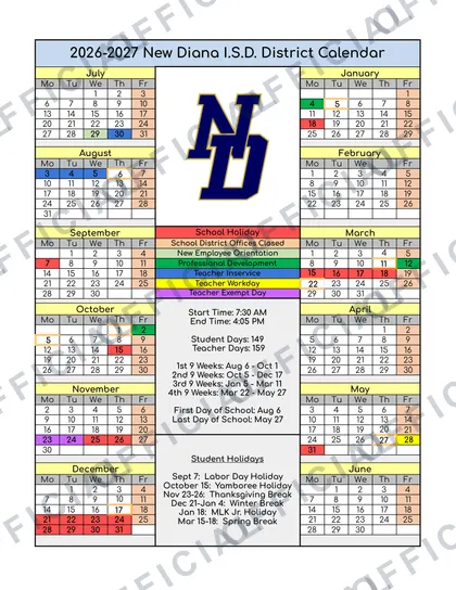 New Diana I.S.D. 2026-27 calendar