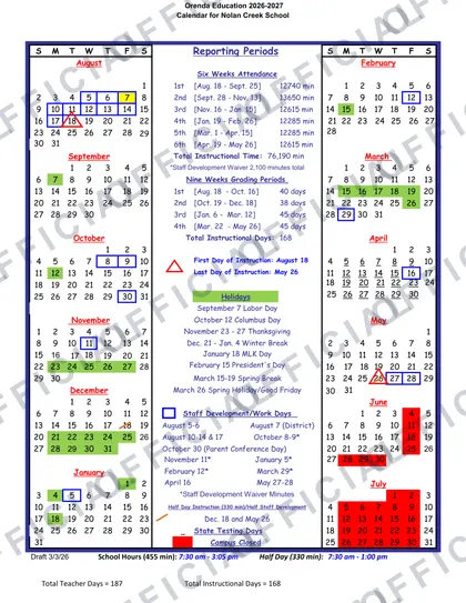 Nolan Creek School 2026-27 calendar
