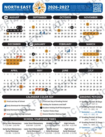 North East NEISD school 2026-27 calendar
