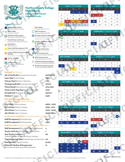 Northwest Early College High School 2026-27 calendar