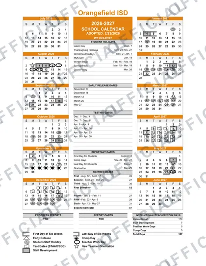 Orangefield ISD School 2026-27 calendar