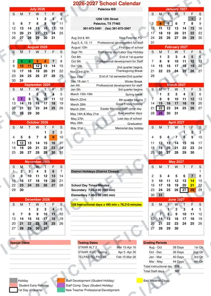 Palacios ISD 2026-27 calendar