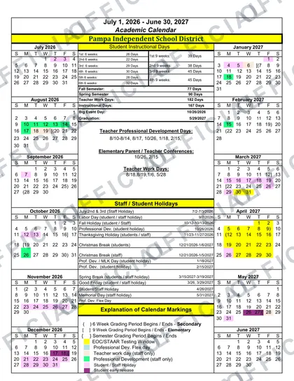 Pampa ISD Independent School District 2026-27 calendar
