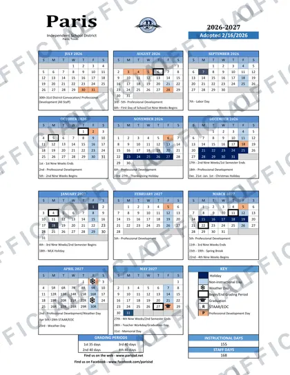 Paris ISD 2026-27 calendar
