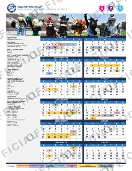 Pasadena Independent School District ISD 2026-27 calendar