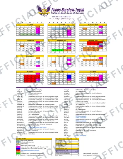 Pecos-Barstow-Toyah Isd 2026-27 calendar
