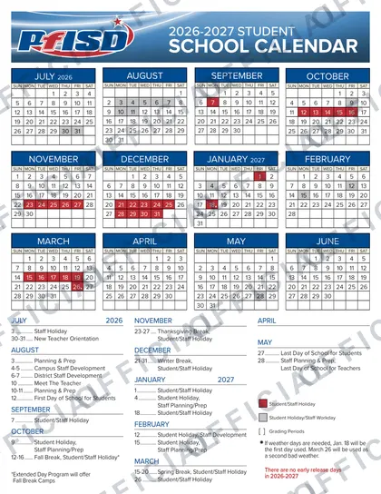 Pflugerville ISD Calendars 2026-27 calendar