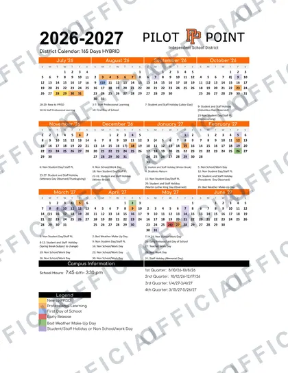 Pilot Point ISD 2026-27 calendar