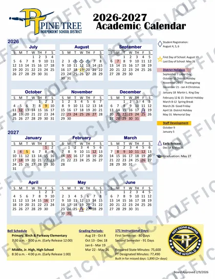 Pine Tree ISD 2026-27 calendar
