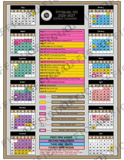 Pittsburg ISD 2026-27 calendar