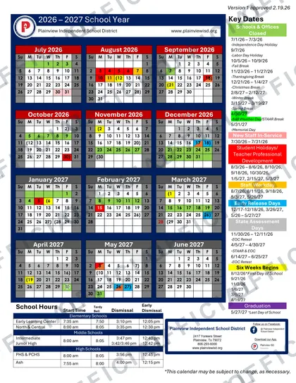 Plainview ISD 2026-27 calendar