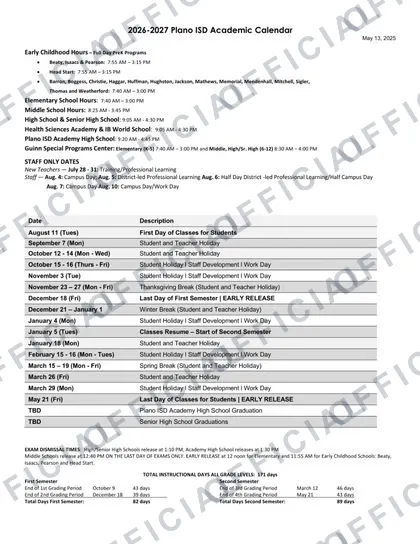 Plano ISD 2026-27 calendar
