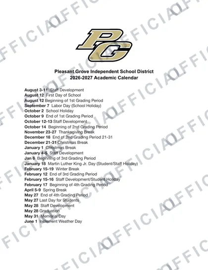 Pleasant Grove PGISD Independent School District 2026-27 calendar