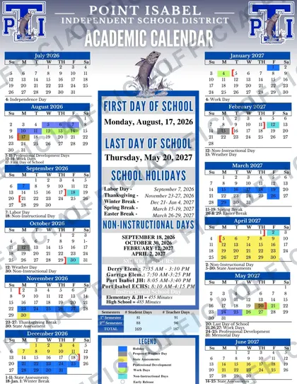 Point Isabel Independent School District 2026-27 calendar