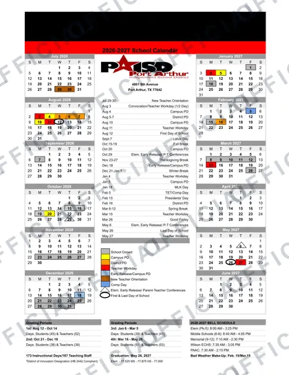Port Arthur isd Independent School District 2026-27 calendar