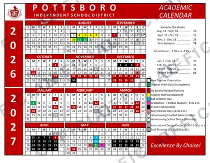 Pottsboro Independent School District 2026-27 calendar