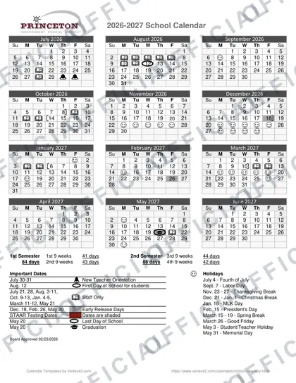 Princeton ISD 2026-27 calendar