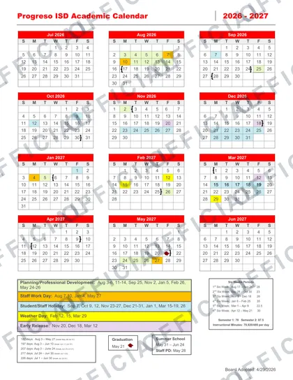 Progreso ISD 2026-27 calendar
