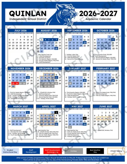 Quinlan Independent School District 2026-27 calendar