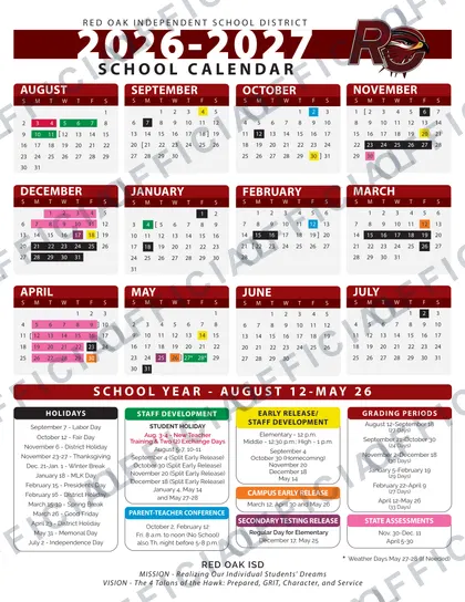 Red Oak Independent School District 2026-27 calendar