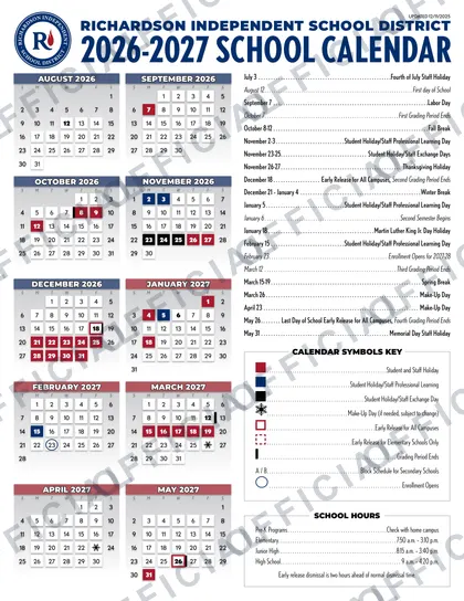 Richardson risd Independent School District 2026-27 calendar