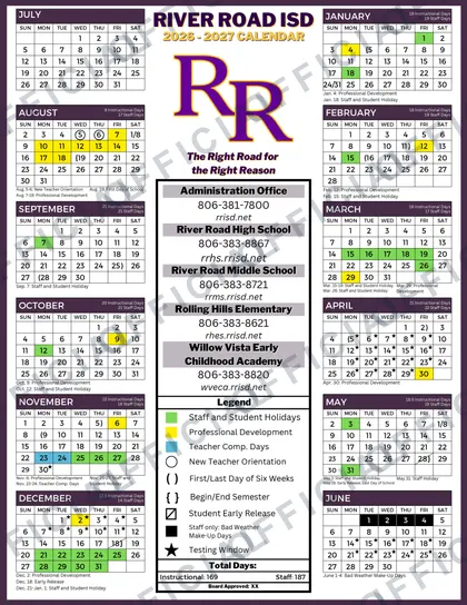 RIVER ROAD ISD 2026-27 calendar
