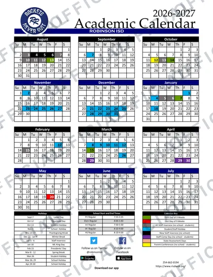 Robinson ISD 2026-27 calendar