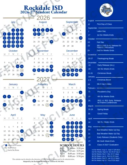 Rockdale ISD 2026-27 calendar
