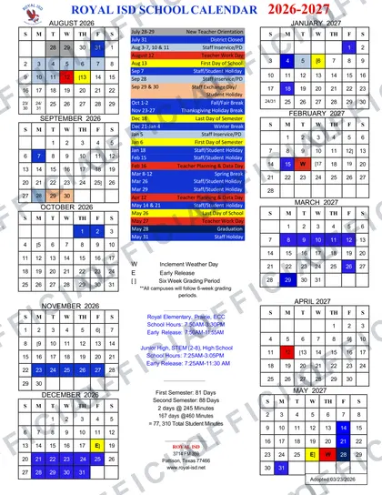 Royal ISD 2026-27 calendar