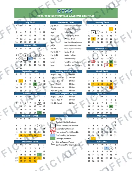 RYSS Brownsville 2026-27 calendar