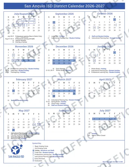 San Angelo ISD 2026-27 calendar