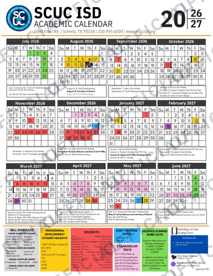 SCUC Schertz-Cibolo-Universal City 2026-27 calendar