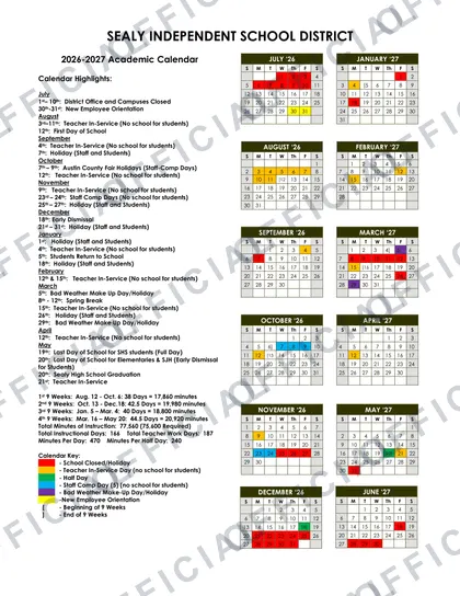 Sealy ISD 2026-27 calendar