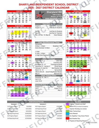 Sharyland ISD 2026-27 calendar