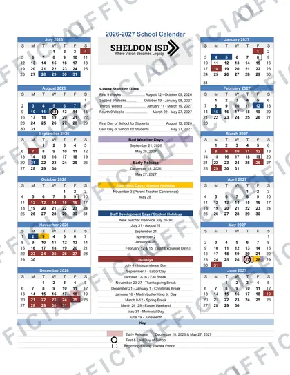 Sheldon ISD 2026-27 calendar