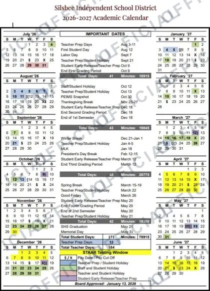 Silsbee Independent School District 2026-27 calendar